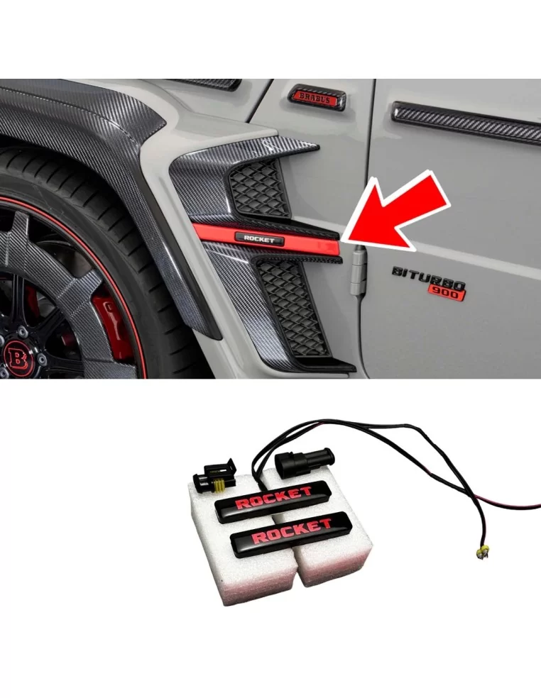  - logo & Emblems - RED LED Brabus Rocket Emblem für Kotflügeleinsätze Brabus Widestar Bodykit Mercedes W463A - 1 - Veredeln Sie