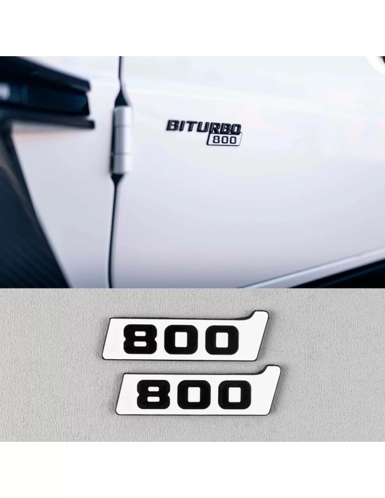  - Logos & Emblems - 金属色 Brabus 800 BITURBO WHITE 挡泥板徽标，适用于梅赛德斯-奔驰 W463A G 级轿车 - 1 - 金属质感的 Brabus 800 BITURBO WHITE 挡泥板徽标让您的梅赛德斯